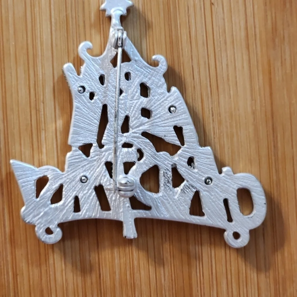 Kim Rogers Merry Christmas Tree Brooch Pin Silver
